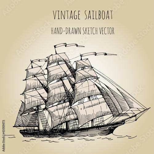 Old caravel, vintage sailboat. Hand drawn sketch.