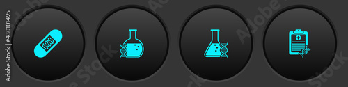 Set Bandage plaster, DNA research, search, and Clipboard with analysis icon. Vector
