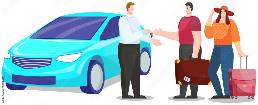 Car rental and traveling by vehicle with family. Couple searching adventures rents automobile. Travelers in motion. Booking and renting car for trips around world. Man and woman talking to landlord