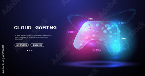 Neon glowing gamepad. Cloud Gaming concept. Vector illustration with hud elements. Wireless controller gamepad for play games. photo