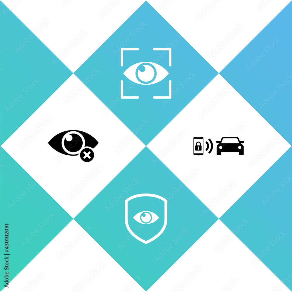 Set Invisible or hide, Shield and eye, Eye scan and Smart car alarm system icon. Vector Set Invisible or hide, Shield and eye, Eye scan and Smart car alarm system icon. Vector