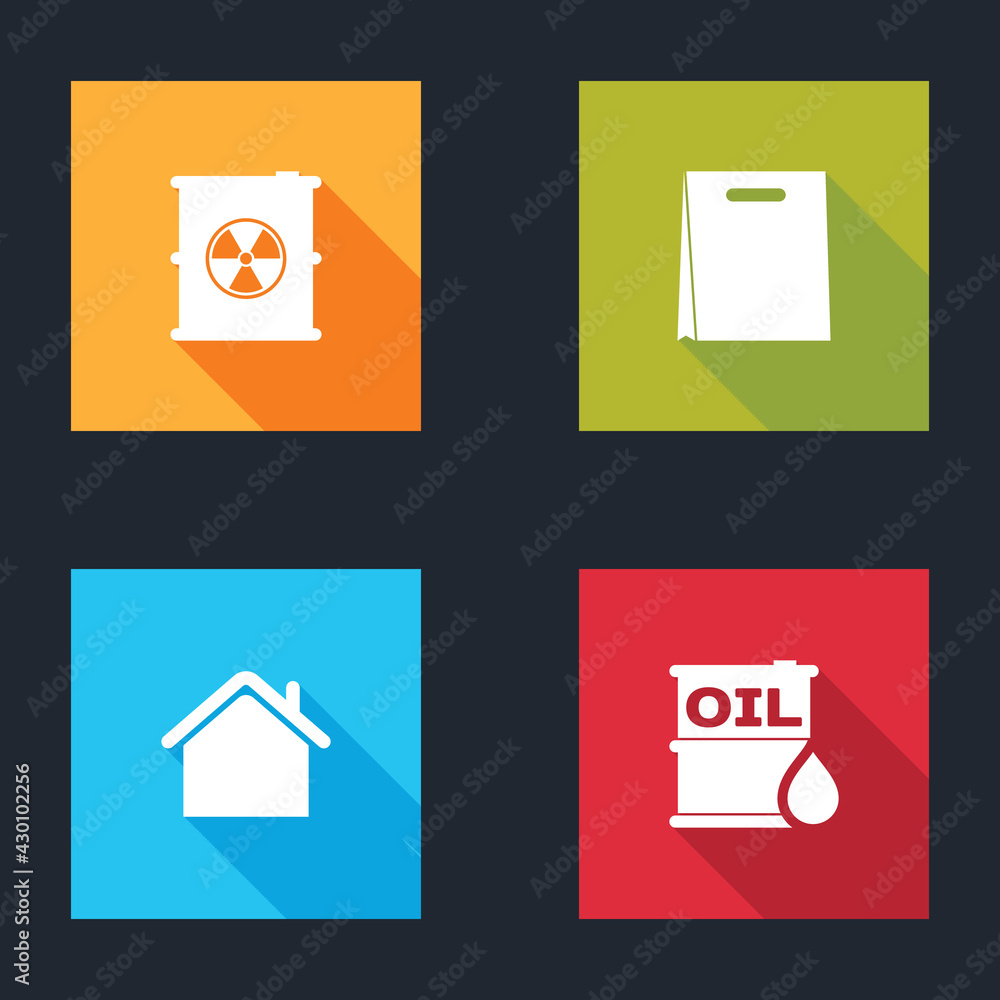 Set Radioactive waste in barrel, Shopping bag, House and Oil icon. Vector
