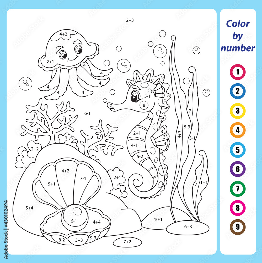 Math education for little children. Coloring book. Mathematical exercises on addition and subtraction. Solve examples and paint the seahorse and jellyfish. Developing counting skills. Worksheet for ki