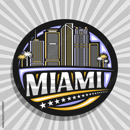 Vector logo for Miami, black decorative tag with outline illustration of illuminated miami city scape on dusk sky background, art design tourist fridge magnet with unique brush letters for text miami.