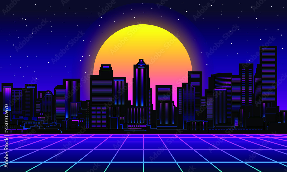 Retro city Background Vector silhouette with big moon - obrazy, fototapety, plakaty 