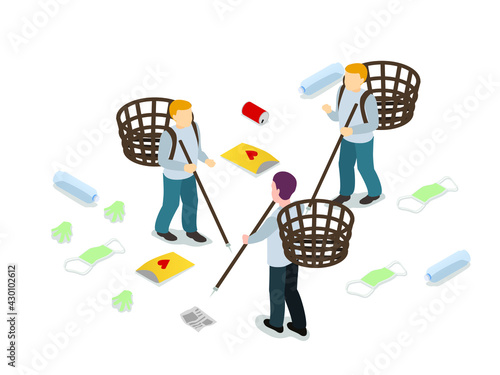Environmental volunteer vector concept. Three young men collecting wastes on the city park and working together
