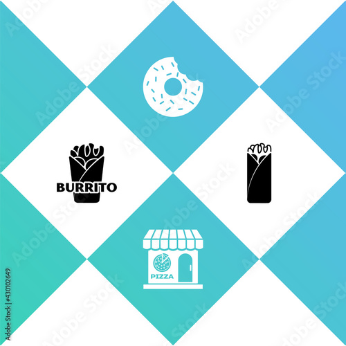 Set Burrito, Pizzeria building facade, Donut and icon. Vector