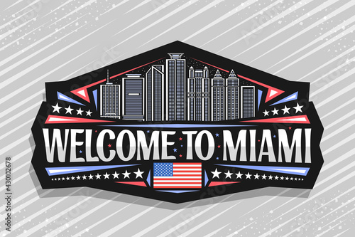Vector logo for Miami, black decorative sticker with outline illustration of miami city scape on dusk sky background, art design tourist fridge magnet with unique lettering for words welcome to miami.