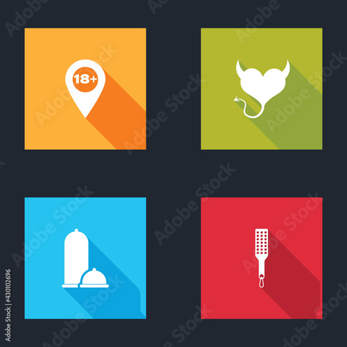 Set Location with 18 plus, Devil heart horns, Condoms safe sex and Spanking paddle icon. Vector