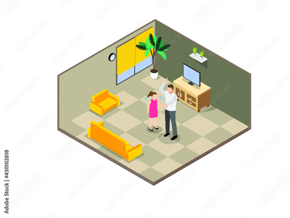 Domestic violence vector concept. Angry father hitting his daughter while standing in the living room at home Domestic violence vector concept. Angry father hitting his daughter while standing in the living room at home