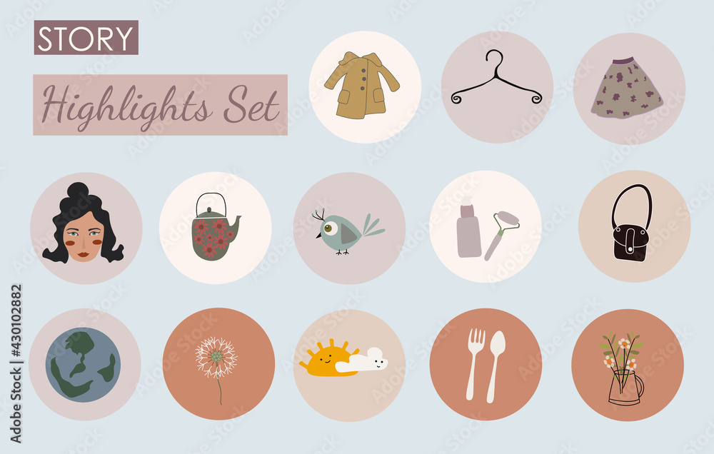 Cute Set Social media highlight covers.Stories contemporary style, round icons, vector ilustration.