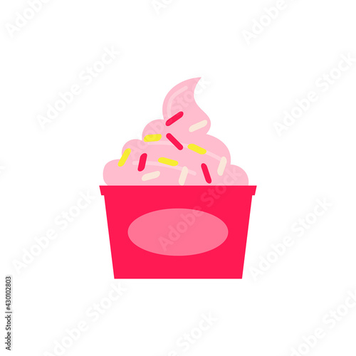 Flat vector illustration of paper cup with strawberry, raspberry soft serve ice cream or gelato or frozen yogurt in pink color. Isolated on white background.