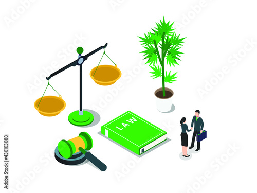 Cannabis legalization vector concept. Businessman and businesswoman shaking hands with justice scale, gavel and cannabis plant background