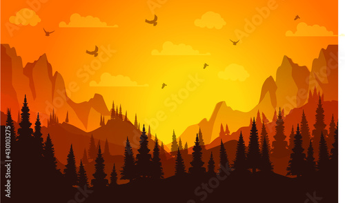 Mountain Forest Hills Background silhouette in the afternoon with bird