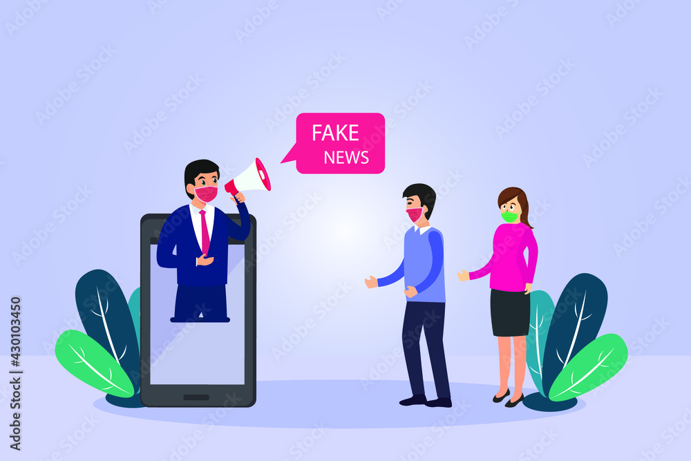 Fake news vector concept. Young man wearing face mask while announcing fake news to people on a mobile phone Fake news vector concept. Young man wearing face mask while announcing fake news to people on a mobile phone
