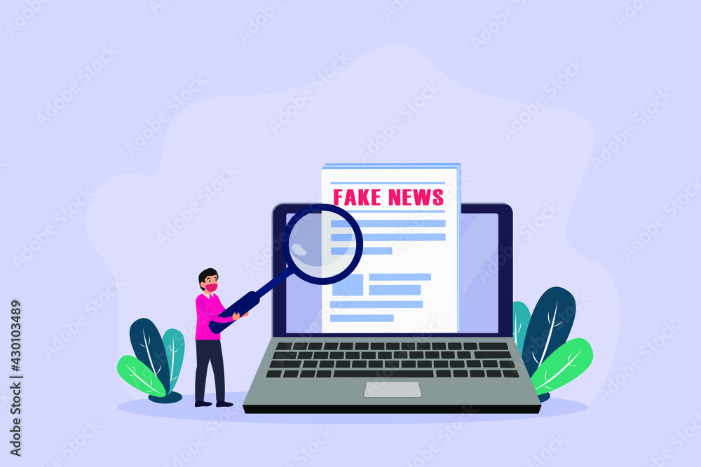 Fake news vector concept. Young man wearing face mask while using a magnifying glass to checking fake news on the laptop screen Fake news vector concept. Young man wearing face mask while using a magnifying glass to checking fake news on the laptop screen