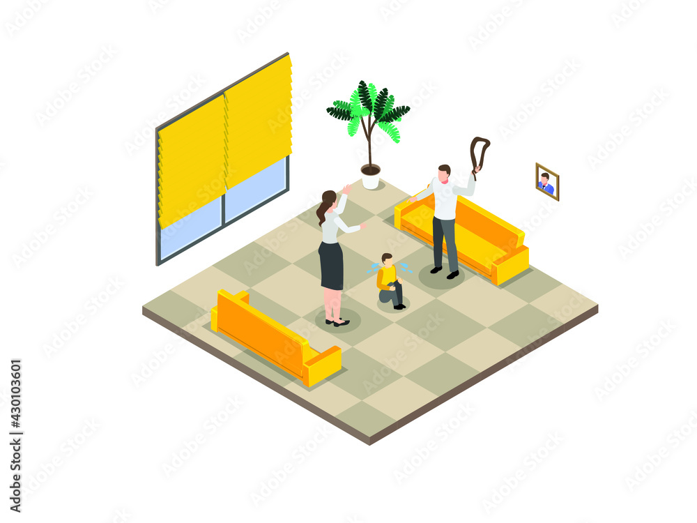 Domestic violence vector concept. Scared little boy protected by his mother while beaten by his angry father in the living room Domestic violence vector concept. Scared little boy protected by his mother while beaten by his angry father in the living room