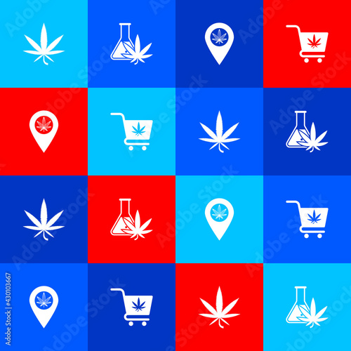 Set Marijuana or cannabis leaf, Test tube with marijuana, Location and and Shopping cart icon. Vector