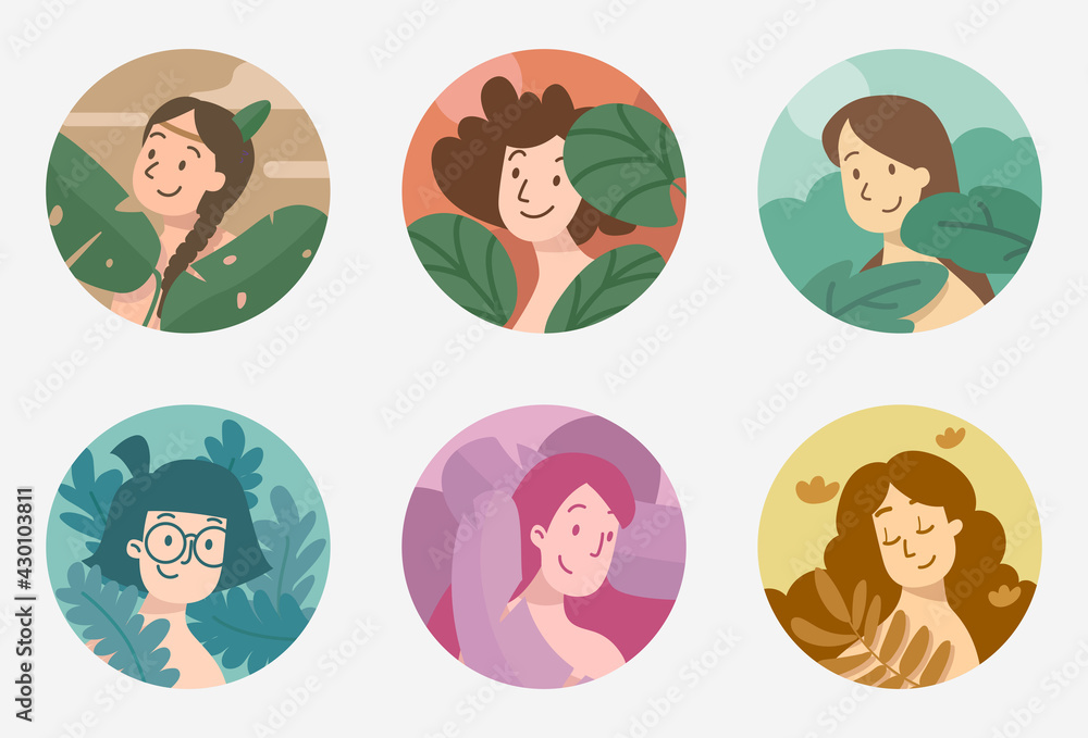 Vector illustration in minimal flat style.A group of Beautiful woman and leaves. Vector illustration in minimal flat style.A group of Beautiful woman and leaves.