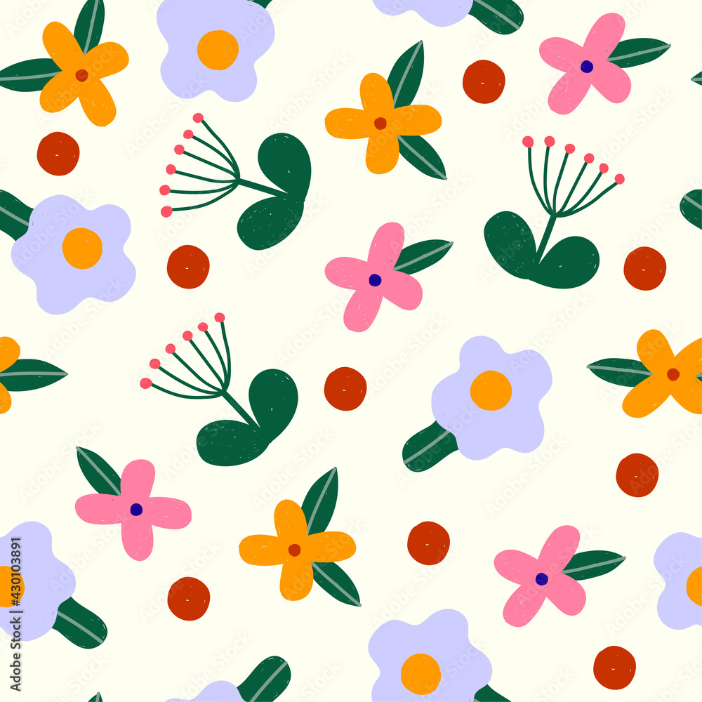 Cute floral seamless pattern in minimalistic  style. Flower repeated texture for stylish fabric design or wrapping paper.