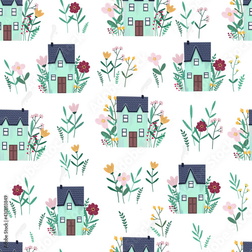 Raster seamless background  imitation of art oil. Cute cartoon stuffs  tiny houses in flowers. Kids illustration for wrapping paper  textile  decorations.