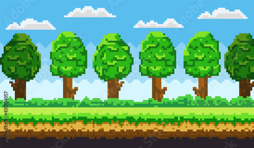 Pixel-game background. Pixel art game scene with green grass and tall trees against blue sky with clouds, pixelated template for computer game or application. Flat nature landscape vector illustration