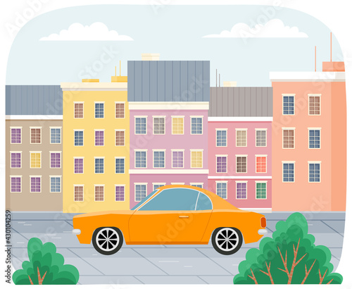 Modern car parking along town street in cartoon style. Vehicles car on city street. Auto on road with buildings. Beautiful automobile in big city. Travel by car. Drive transport. Automotive concept © robu_s