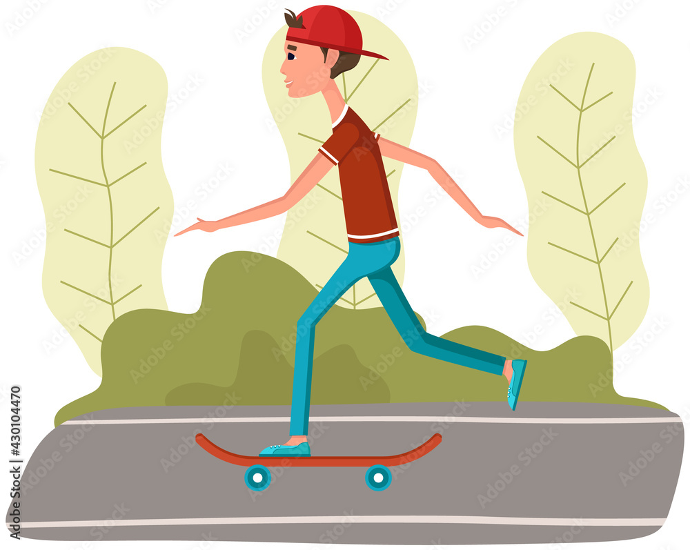 Cool hipster man with skateboard in park. Young man, riding transport on road. Urban citizen doing sports. Modern guy pushes off and rides. Male character riding skateboard vector illustration
