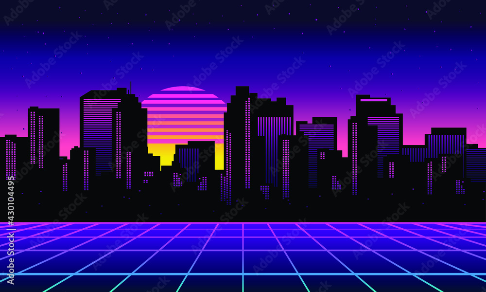 cool Retro 1980s city Background Vector silhouette