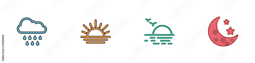 Set Cloud with rain, Sunset, and Moon and stars icon. Vector Set Cloud with rain, Sunset, and Moon and stars icon. Vector