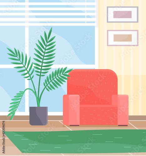 Living room interior design with red chair. green carpet, pictures on wall and potted plant. Arrangement of furniture and layout of premises in apartment. Glazed window and modern soft armchair