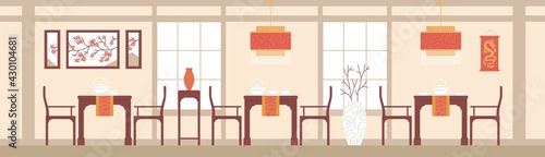 Chinese restaurant dining hall interior design flat vector illustration.