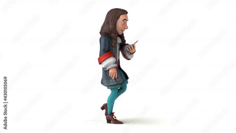 Fun 3D cartoon baroque gentleman walking with a smartphone Fun 3D cartoon baroque gentleman walking with a smartphone