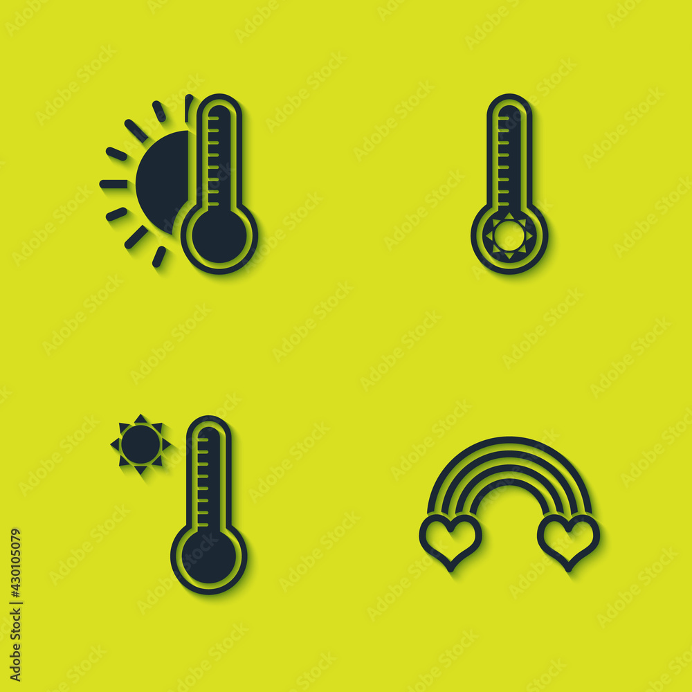 Set Thermometer with sun, Rainbow heart, Meteorology thermometer and icon. Vector Set Thermometer with sun, Rainbow heart, Meteorology thermometer and icon. Vector