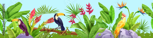 Jungle seamless vector border, tropical exotic background, toucan, parrot, banana leaves, flowers, stone. Paradise rainforest birds, floral nature illustration. Jungle border, summer Hawaii landscape