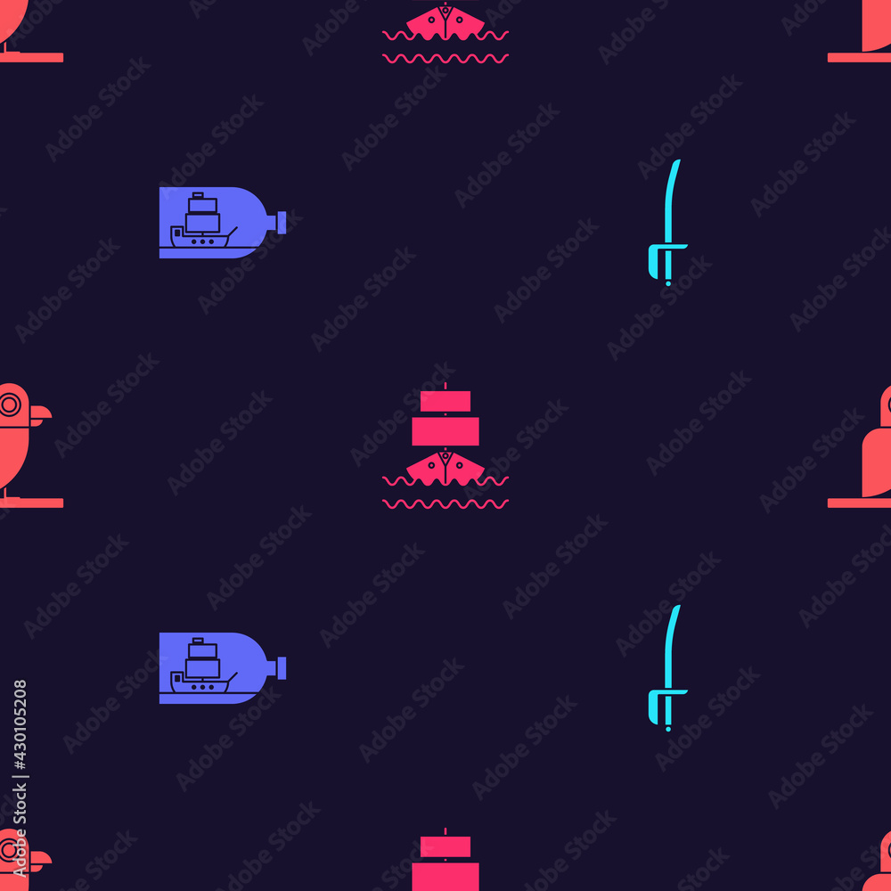 Set Pirate sword, Bottle with ship inside, Ship and parrot on seamless pattern. Vector