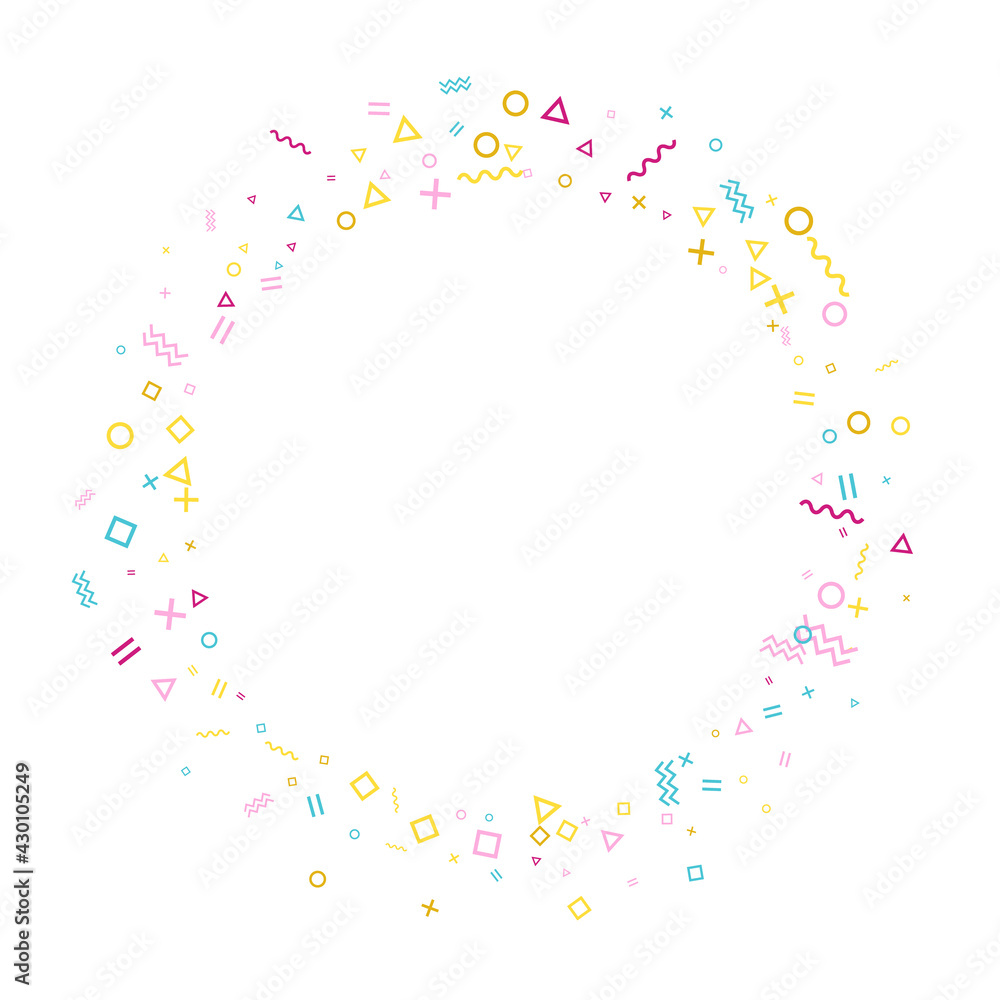 Memphis style geometric confetti background with triangle, circle, square, zigzag and wavy line