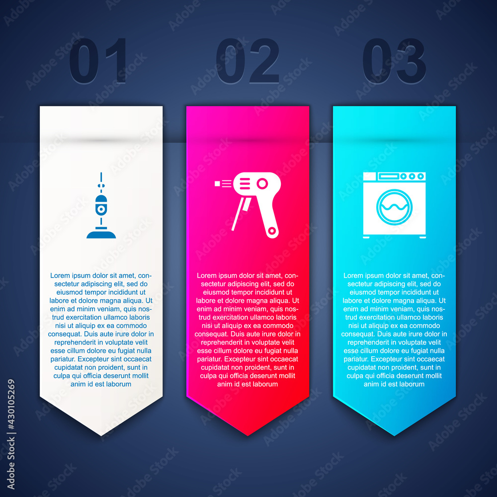 Set Vacuum cleaner, Electric hot glue gun and Washer. Business infographic template. Vector Set Vacuum cleaner, Electric hot glue gun and Washer. Business infographic template. Vector