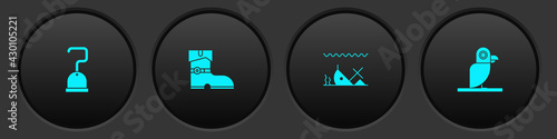 Set Pirate hook, Leather pirate boots, Sunken ship and parrot icon. Vector