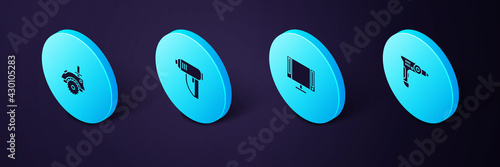 Set Isometric Electric drill machine, Smart Tv, industrial dryer and circular saw icon. Vector
