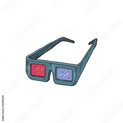3d cinema glasses hand drawn icon or symbol, sketch vector illustration isolated.