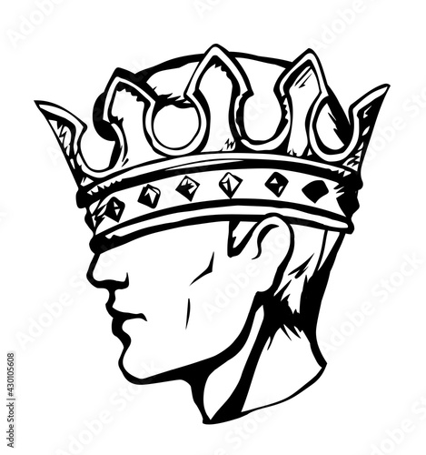 Profile of a handsome man with too big crown. Vector drawing