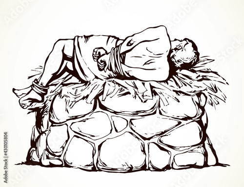 Man With hands tied on altar. Vector drawing