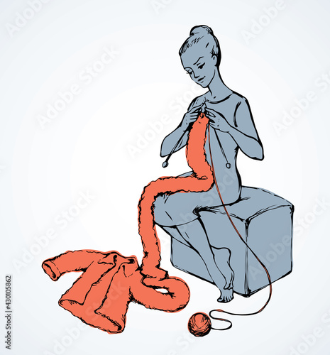 Woman overdone with knitting. Vector sketch drawing