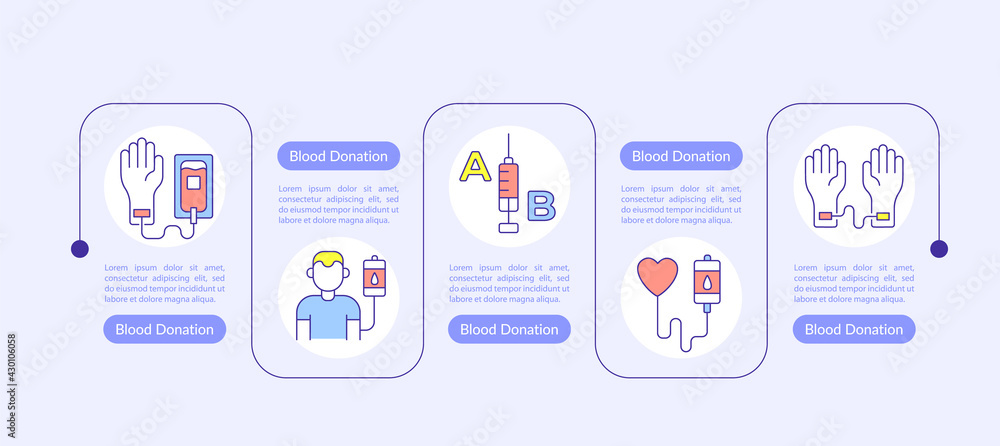 Blood Donation presentation design elements. Vector infographic template. Data visualization with five steps. Process timeline chart. Workflow layout with linear icons