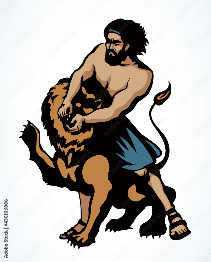 Fototapeta premium Samson fights a lion. Vector drawing
