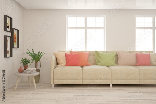 White living room with sofa. Scandinavian interior design. 3D illustration