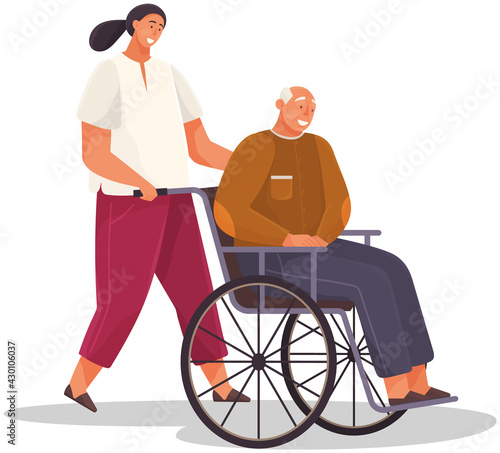 Girl take care of retiree from nursing home. Woman smiles and rolls old man in wheelchair. Assistant working in nursing home. Grandfather with gray hair walks and sits in wheelchair isolated on white