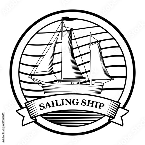 Sailing Ship Logo vintage emblem. Old retro vector illustration marine navy icon