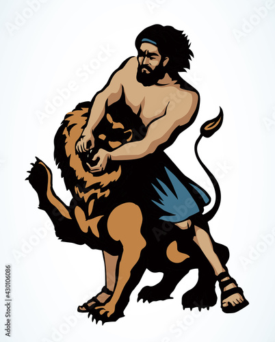 Samson fights a lion. Vector drawing